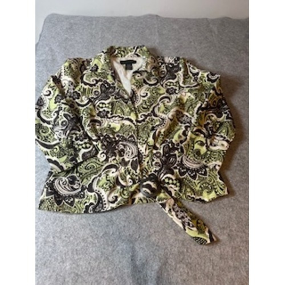 Silk Land Womens 100% Silk Paisley Ring Buckle Blazer Jacket Green Black Size 4